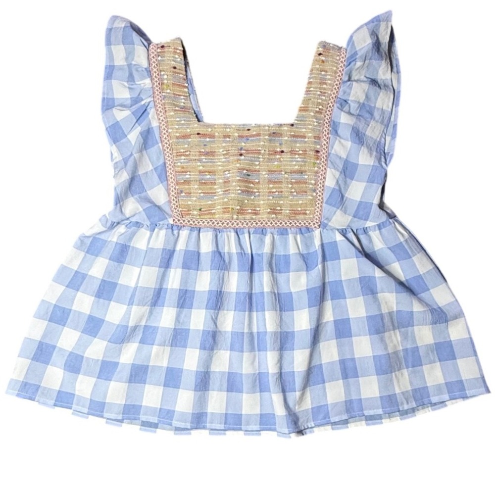 Entro Gingham Top‎ Ruffle Sleeve Beaded Square Neck Babydoll Blouse Small